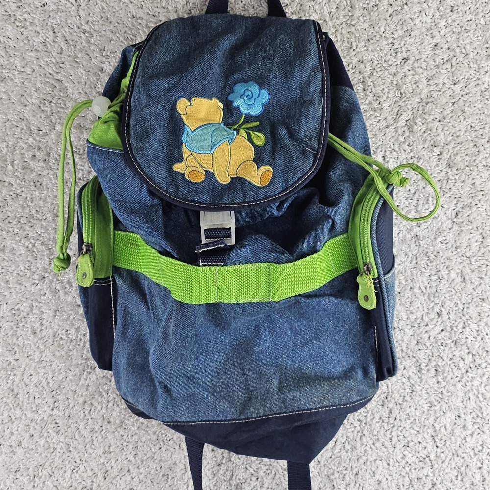 Vintage Winnie The Pooh‎ Denim Embroidered Drawstring Buckle Backpack Satchel